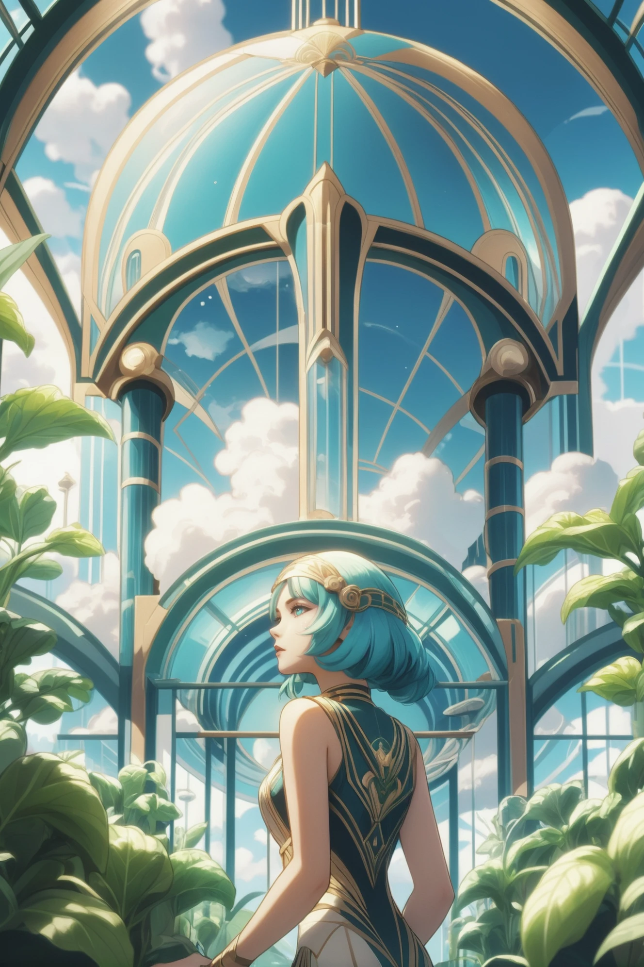 fantasy art deco, cinematic color grading, anime style, <lora:EnvySendNoodzXL01:-1>1girl, woman, beautiful, noon, blue sky, clouds, scenery, in a Mundane Hydroponic Agriculture Domes<lora:EnvyFantasyArtDecoXL01:1>