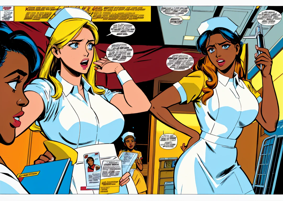 nursecomics, comic book page, nurses treating patients, diverse characters, action, hospital, <lora:nursecomics:1>