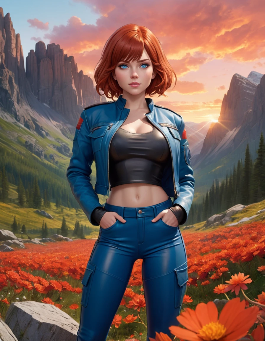 (Star Wars:1.5), (3d anime style:1.5).
(zoomed out, very far shot, full body:1.3). A chuckling, (perfect teeth:1.3) ecstatic nubile muscular young 20 year old (Canadian:1.3) woman with short straight bangs red hair,, blue eyes, (large breasts:1.3), muscular ass, (perfect hands:1.3).
She is wearing (light blue leather jacket and pants, platform heels:1.1).
She is suggestively standing facing towards camera, in a glen with crags and small mushrooms in the background, rocky landscape with (camoflauge leaves:1.5), (red flowers:1.5) and (orange sky:1.5) with (nebula overhead:1.5). noon, sunny.
cinematic lighting, vibrant colors, detailed skin texture, detailed cloth texture, beautiful detailed perfect face, intricate sharp details, ultra high res