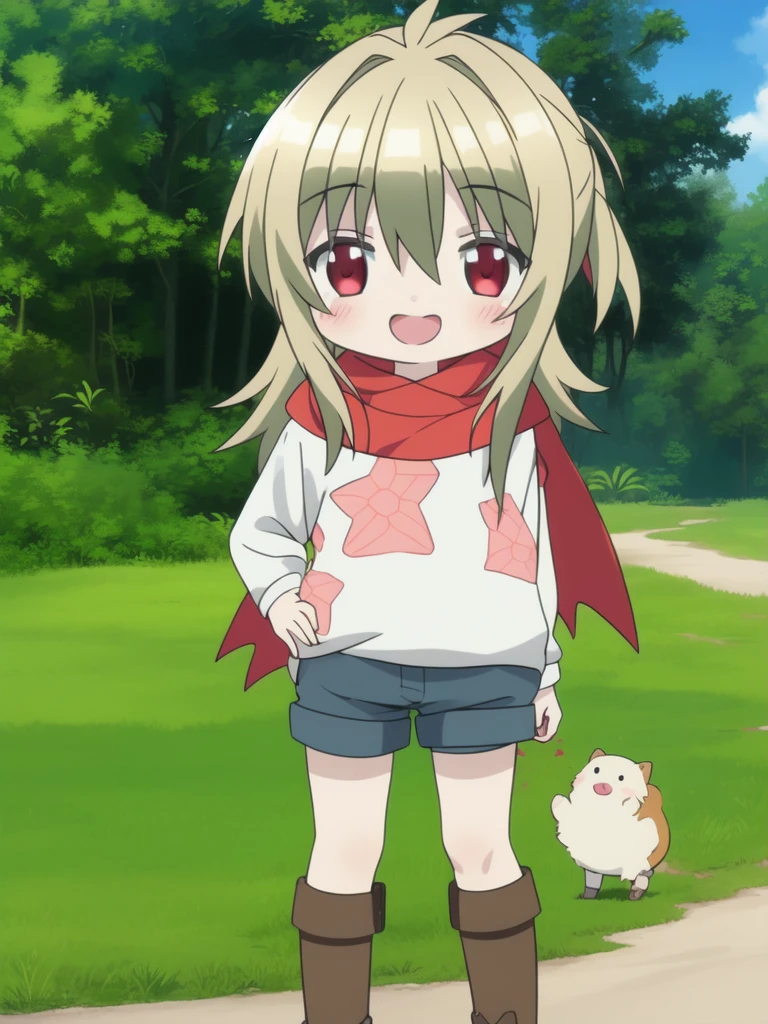 <lora:KidouinMakio:1>KidouinMakio, solo, red eyes, scarf, shorts, smile, full body, androgynous, open mouth,  1girl, male focus, boots, blonde hair,  socks, long hair, blush
forest,
((((masterpiece)))), high quality, very_high_resolution, large_filesize, full color