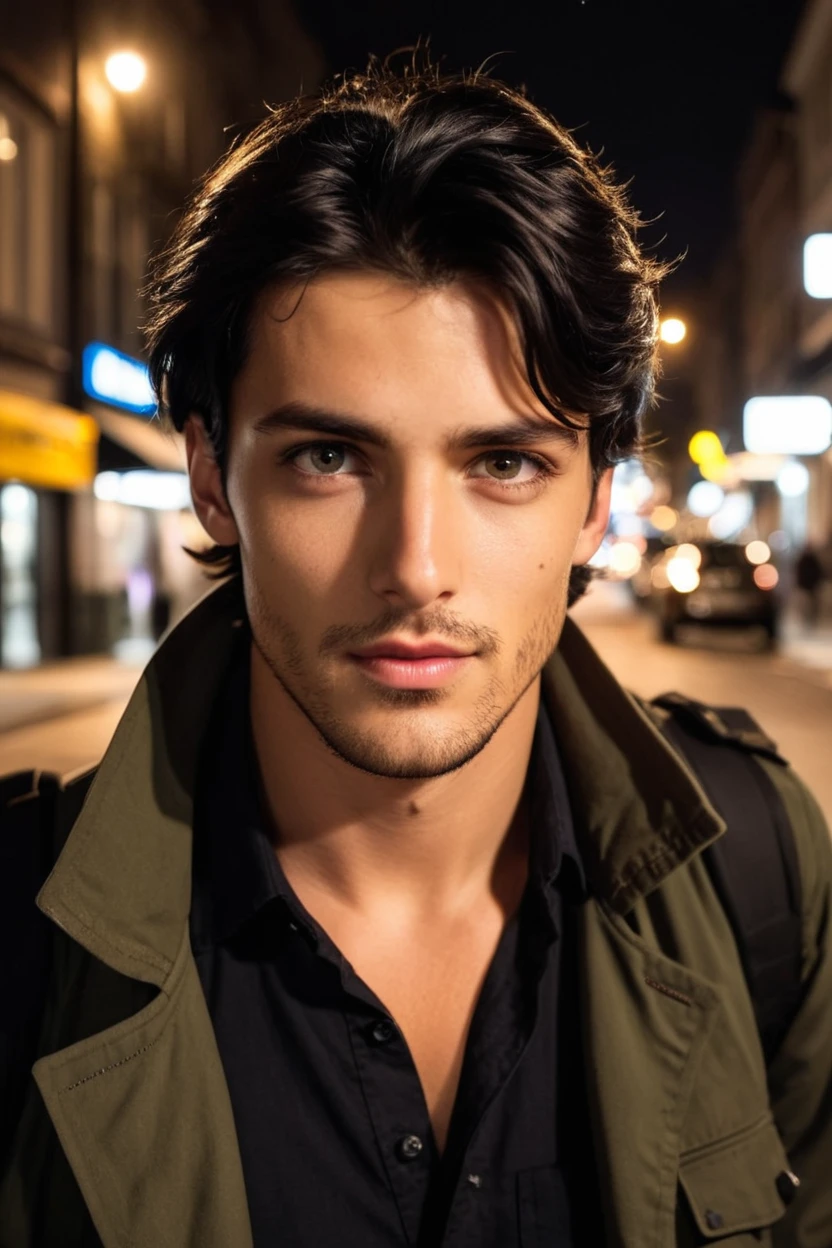 street photography of a young adult man, very detailed, ruggedly handsome with black hair and stubble, detailed eyes, busy public street at night, dramatically lit