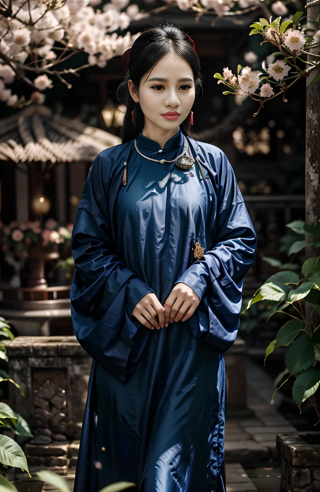 1 girl, viet phuc, ao dai, 18 century,  dark black{1-2 $$ |brown|royal blue} outfit, {1$$ Cherry Blossom Garden}, <lora:FilmVelvia3:0.3>  , pearl necklaces  <lora:VIETPHUC_TK18 -000006:0.8>, photorealistic, 4k, highly detailed, sharp focus, hyper-realistic, masterpiece,ultra-realistic,32k,extremely detailed CG unity 8k wallpaper, best quality,