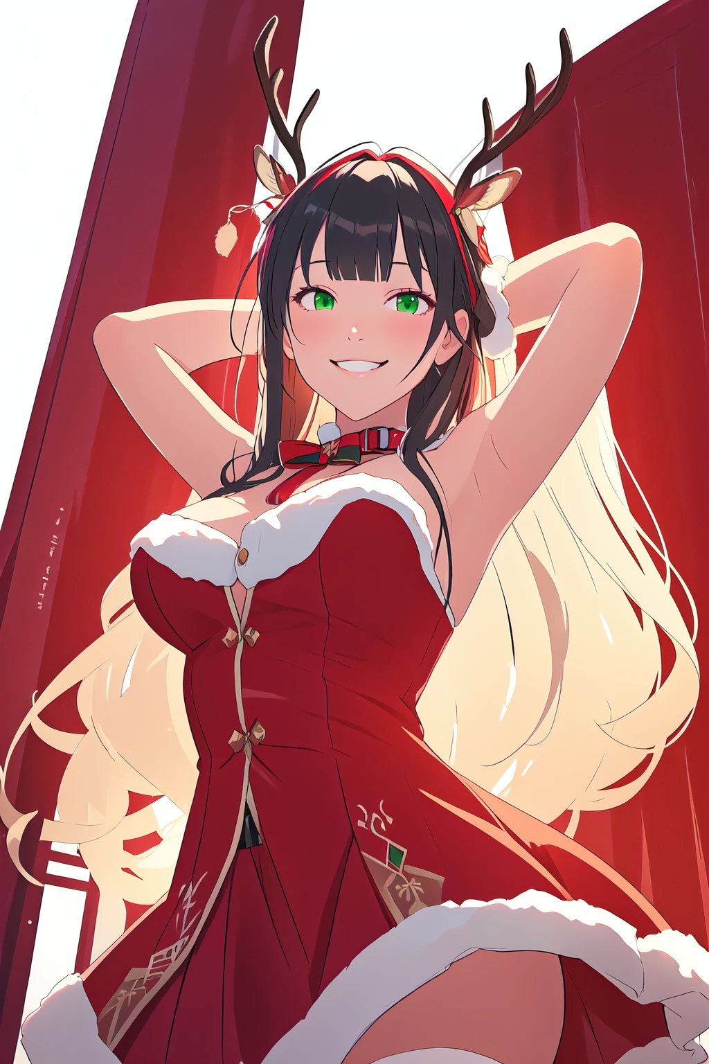 <lora:SantasReindeerGirl-step00001700:1>, rgv1, reindeer antlers, fake antlers, deer ears, 1girl, smile, cowboy shot, volumetric lighting, arms behind head, from below, smug, smirk, green eyes, black hair, blunt bangs
