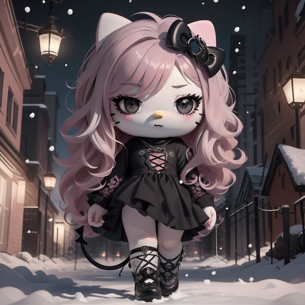 hello_kitty, yukimuro, 1girl, pink hair, black eyes, black-framed eyewear, long sleeves, goth, black dress, snow, snowing, whiskers, tail, full body, looking at viewer, solo, <lora:hello_kitty-09:1>,  <lora:Yukimuro-02:0.8>