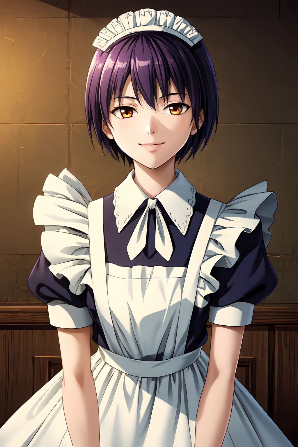 (masterpiece, best quality:1.2), game cg, extremely detailed CG, 4k, 8k, 1girl, solo, light smile,
MaidMaki_V1, purple hair, short hair, bangs, brown eyes, orange eyes, maid headdress,
maid, blue dress, white apron, maid apron, frills, puffy sleeves, short sleeves, white collar, white neck ribbon,
upper body, looking at viewer,
<lora:add_detail_CyberAlchemist:0.4>, <lora:GoodHands-beta2:0.8>, <lora:MaidMakiV1_1-000010:1>