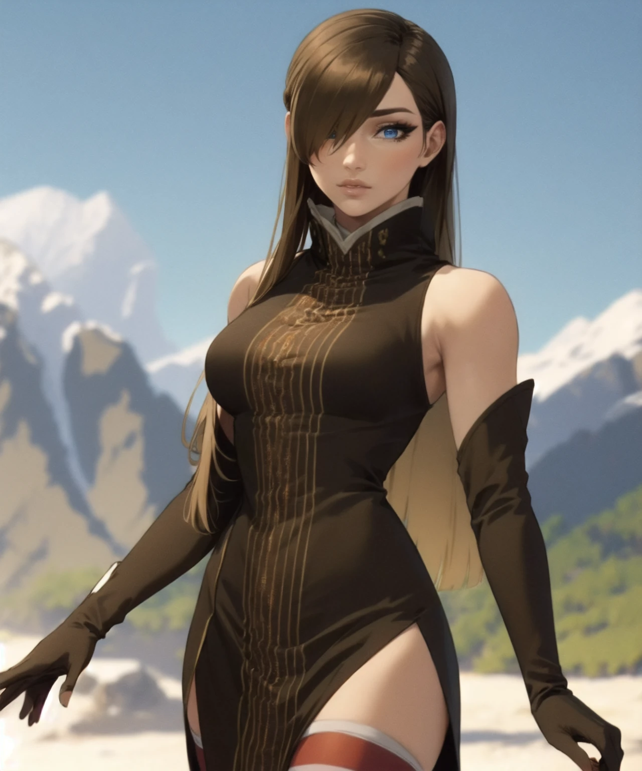 (masterpiece, best quality, ultra detailed, intricate details:1.2), (8k, 4k, beautiful detailed background, beautiful detailed eyes, perfect face, lip, nose, eyelashes), perfect female body, lips, (cowboy shot, looking at viewer:1.5), mountain, sky,
tear_grants, 1girl, blue eyes, brown hair, one eye covered, hair over one eye, swept bangs, brown dress, brown sleeves, detached sleeves, bare shoulders, white gloves, high collar, red thighhighs, turtleneck, long hair,
<lora:tear_grants:1>