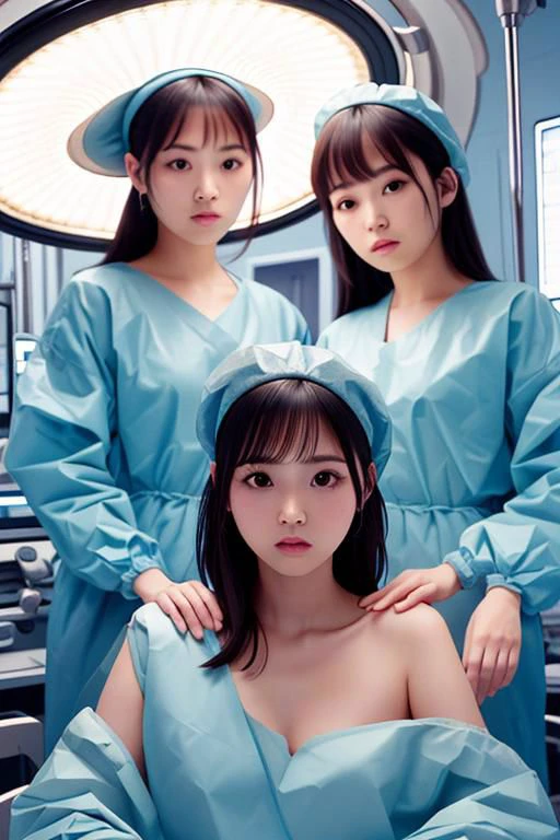 (masterpiece,8k,top quality,RAW photo,ultra detailed:1.3),photorealistic,focused,from the front,2 pretty girls,18 years old,two surgeons,pretty pink lip,black eyes,(extremely black hair,medium hair,beautiful hair:1.01),looking at viewer,extremely angry,blue surgical latex gown,light blue latex gloves,surgical cap,crossed both arms,(eyebrows:0.01),extremely detailed eyes,baby face,standing,operating room,pale skin,slander