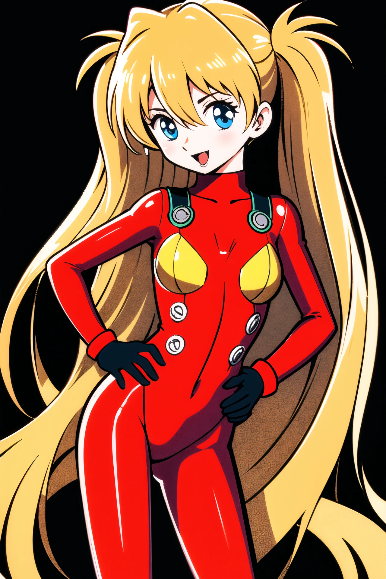 1girl, long hair, plugsuit, bodysuit, souryuu asuka langley, pilot suit, bracer, blue eyes, smile, breasts, bangs, turtleneck, solo, cowboy shot, :d, hair between eyes, gloves, (red bodysuit:1.5), small breasts,looking at viewer, headgear, two side up, hand on hip, skinny, adjusting hair, narrow waist, standing, brown hair, science fiction,hand up, shiny clothes, hair ornament, happy, from side, shiny, skin tight, (simple background:1.5), (black background:1.5),<lora:Tezuka Osamu:0.8>