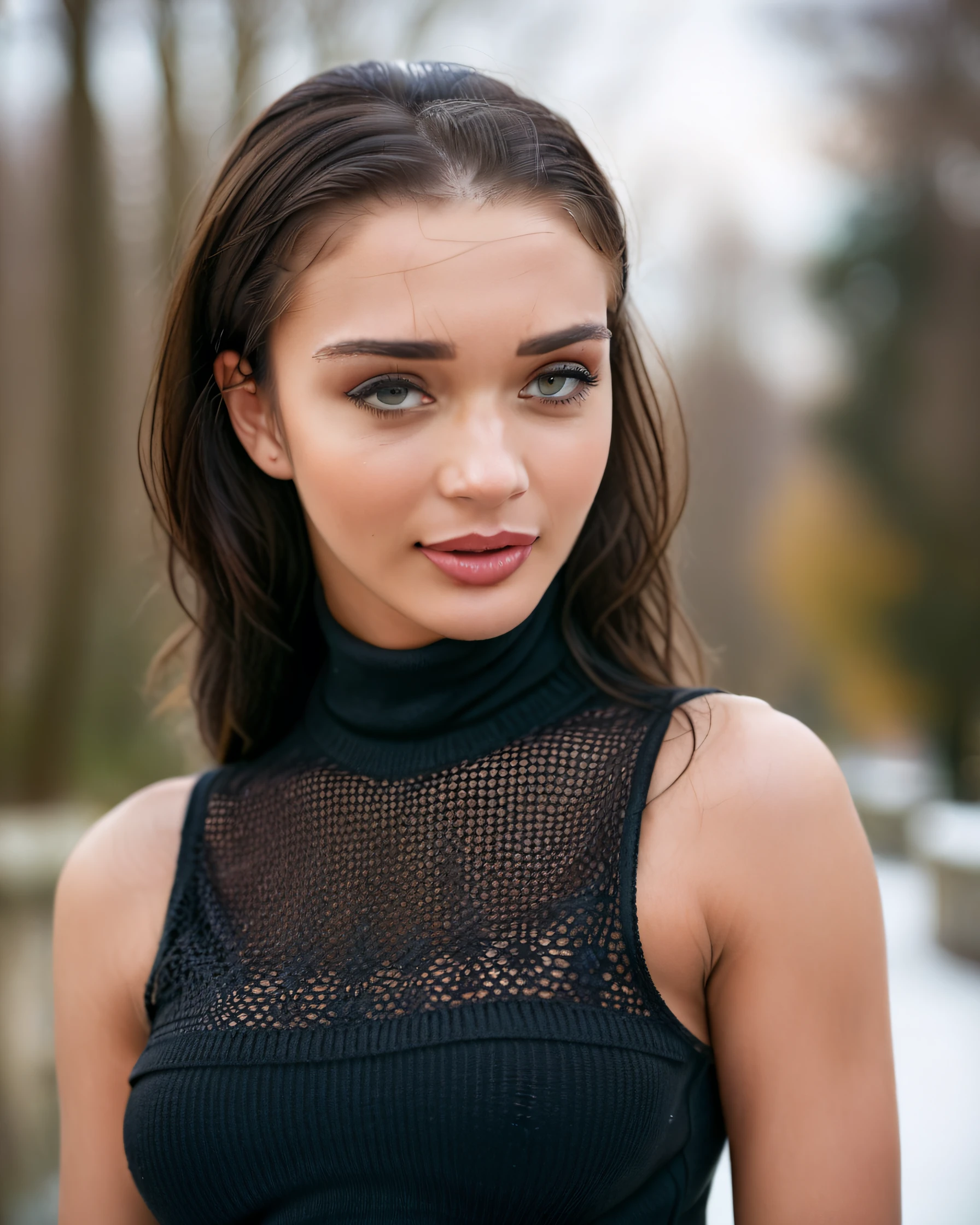 ultrarealistic soft focus photo of a 30-year-old woman, amy jackson, outdoors, high neck sleeveless turtleneck, lace covering chest and cleavage, Raised chin in confidence, Two-shot camera angle, looking looking at camera, day time, beautiful bokeh <lora:Amy_Jackson_SDXL_LoRA:1>
