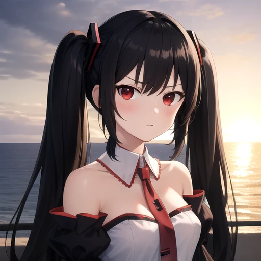 ((masterpiece)),(best quality),official art,extremely detailed CG,unity 8k wallpaper,ultra detailed,A lighthouse on a cliff by the sea,1girl,solo,upper body,(portrait:1.2),zatsune miku,scowl,looking at viewer,black hair,black skirt,black sleeves,detached sleeves,black thighhighs,cleavage cutout,detached collar,frilled sleeves,grey collar,garter straps,frilled shirt,frilled collar,grey shirt,juliet sleeves,long sleeves,medium breasts,puffy sleeves,red necktie,red eyes,twintails,very long hair,zettai ryouiki,<lora:Zatsune Miku(vocal)>,