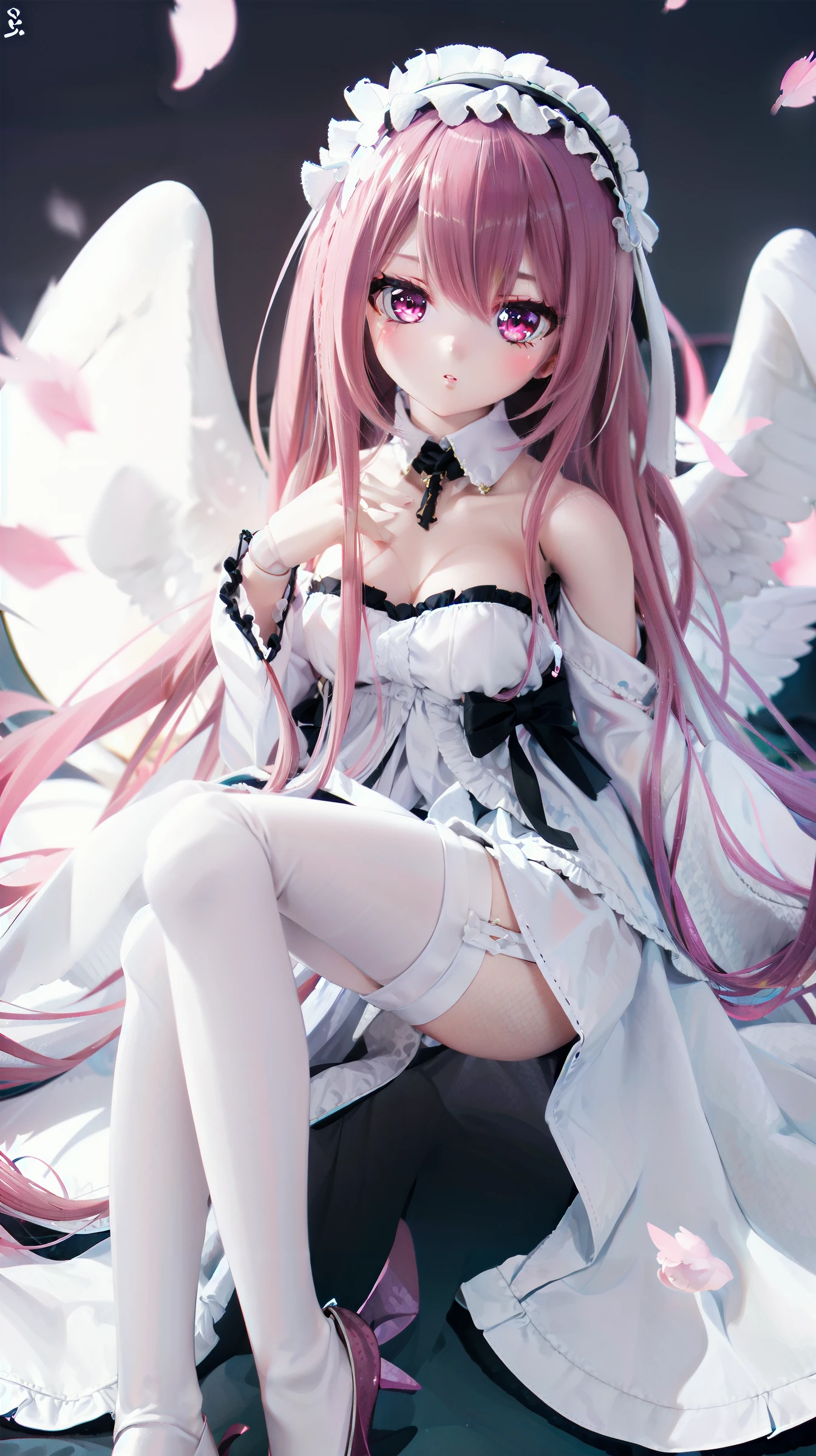 perseus0311, white legwear,pink eyes,white dress,angel wings,absurdly long hair,doll, dd,