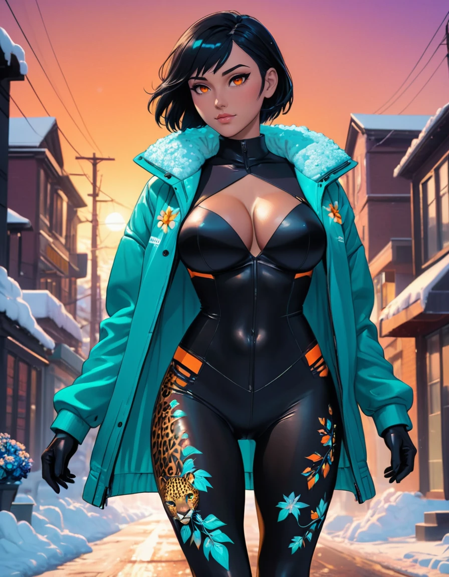 (Blade Runner:1.5), (3d vibrant anime style:1.5).
(medium shot, upper body portrait:1.3). A smirking, (closed mouth:1.5) trusting sexy fit young 23 year old (Islander:1.3) woman with short natural side shave black hair,, black eyes, (huge breasts:1.3), muscular ass, (perfect hands:1.3).
She is wearing (amethyst gauze jacket and leggings, boots:1.1).
She is sexy dancing facing down, in a country road with canisters and buildings in the background, icy landscape with ice crystals, snow, and shards of ice with (leopard print leaves:1.5), (teal flowers:1.5) and (orange sky:1.5) with (two suns overhead:1.5). midnight, snowing.
cinematic lighting, vibrant colors, detailed skin texture, detailed cloth texture, beautiful detailed perfect face, intricate sharp details, ultra high res