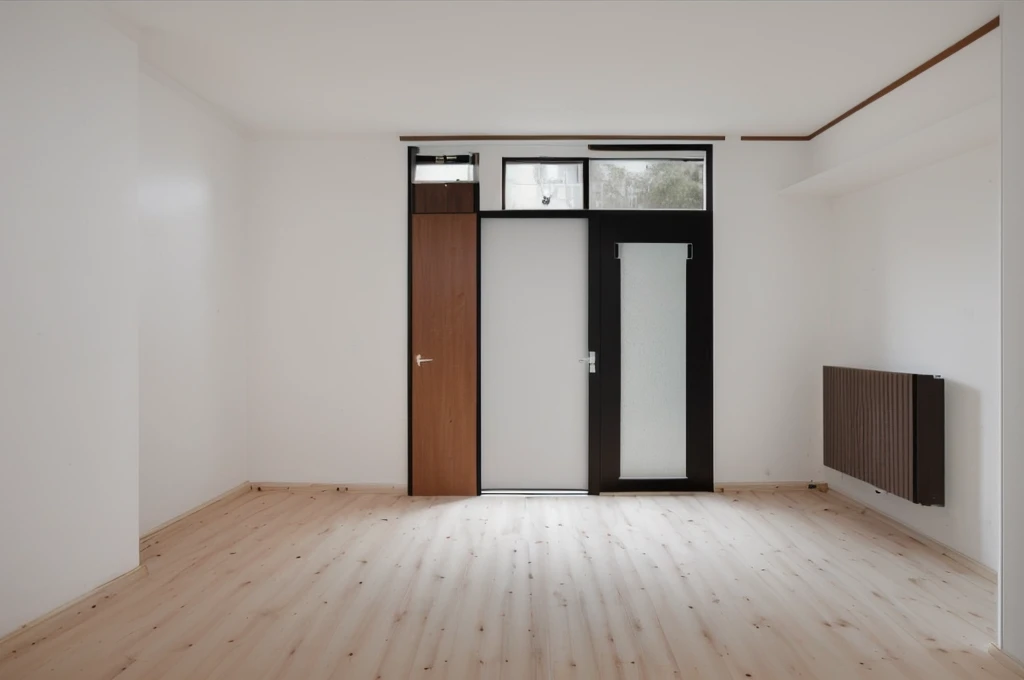 interior of a house with light wood floor livingroom with wooden door and central heating <lora:Grienden_Style_2:0.8>