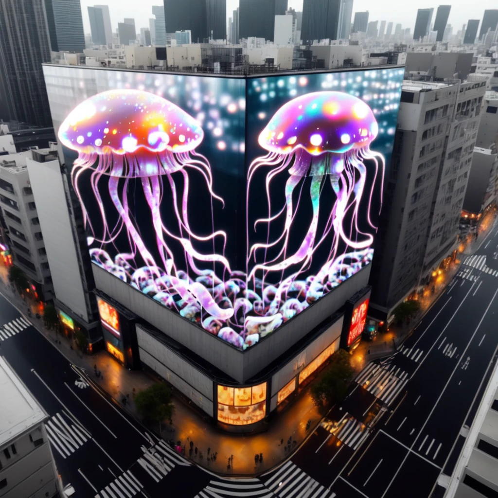 cityscape, signage, photorealistic, railroad tracks, real world location, <lora:3Dsignage_v1:0.7>, jellyfish