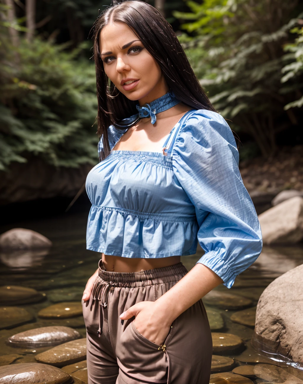 cinematic photo <lora:quiron_SimonyDiamond_v1_lora-000008:0.87> SimonyDiamondQuiron woman, . 35mm photograph, film, bokeh, professional, 4k, highly detailed, realistic, a woman Rock skipping wearing Wrap blouse and Smocked waist pants: Pants with a stretchy, smocked waistband.,