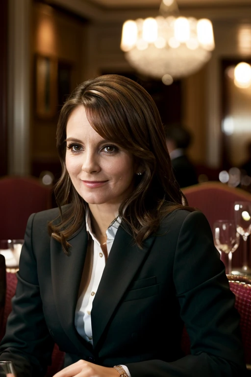 masterpiece, best quality, detailed face, business suit in a restaurant, <lora:Tina_Fey:1> 1girl, solo, a mature t1873f,