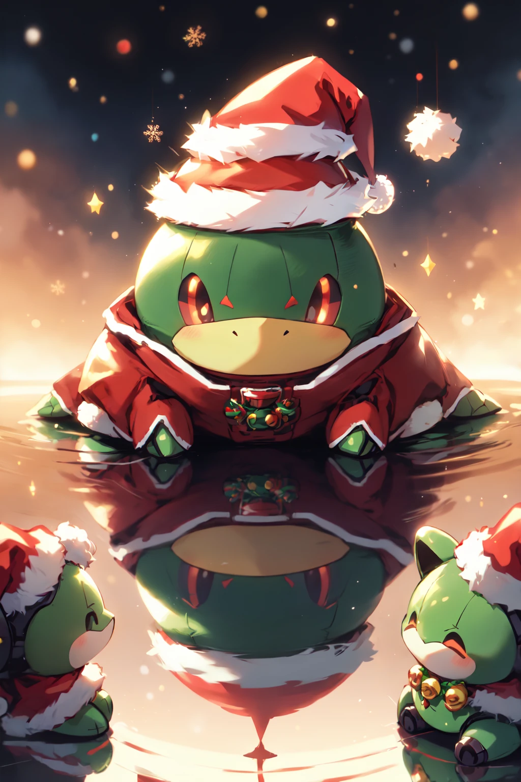 <lora:SantaTurtles:0.8> SantaTurtleOverlord, cute turtle overlord AI robot, santa, red santa outfit, santa hat, christmas, santa clothes, specular highlights, specular reflection, ultrasharp, retro anime style