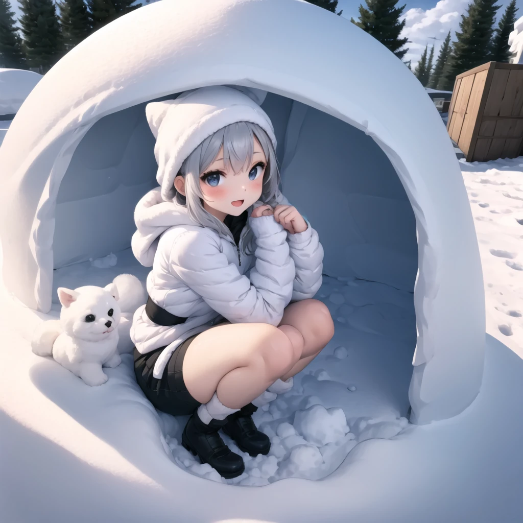 in snow igloo, little girl, winter clothes, tights, boots, squat<lora:kamakura-001_0.7:1>