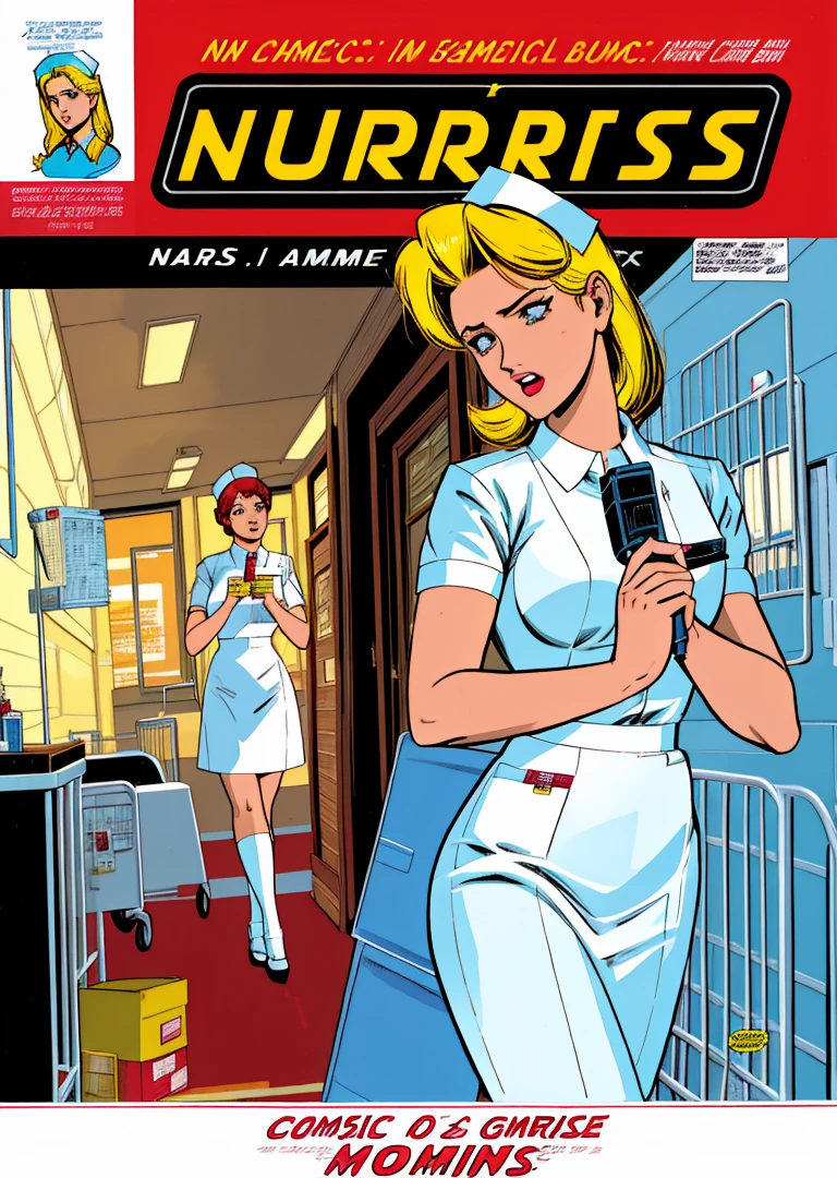 nursecomics, comic book page, nurses treating patients, diverse characters, action, George C. Scott, romance, hospital, cover art, <lora:nursecomics:1>