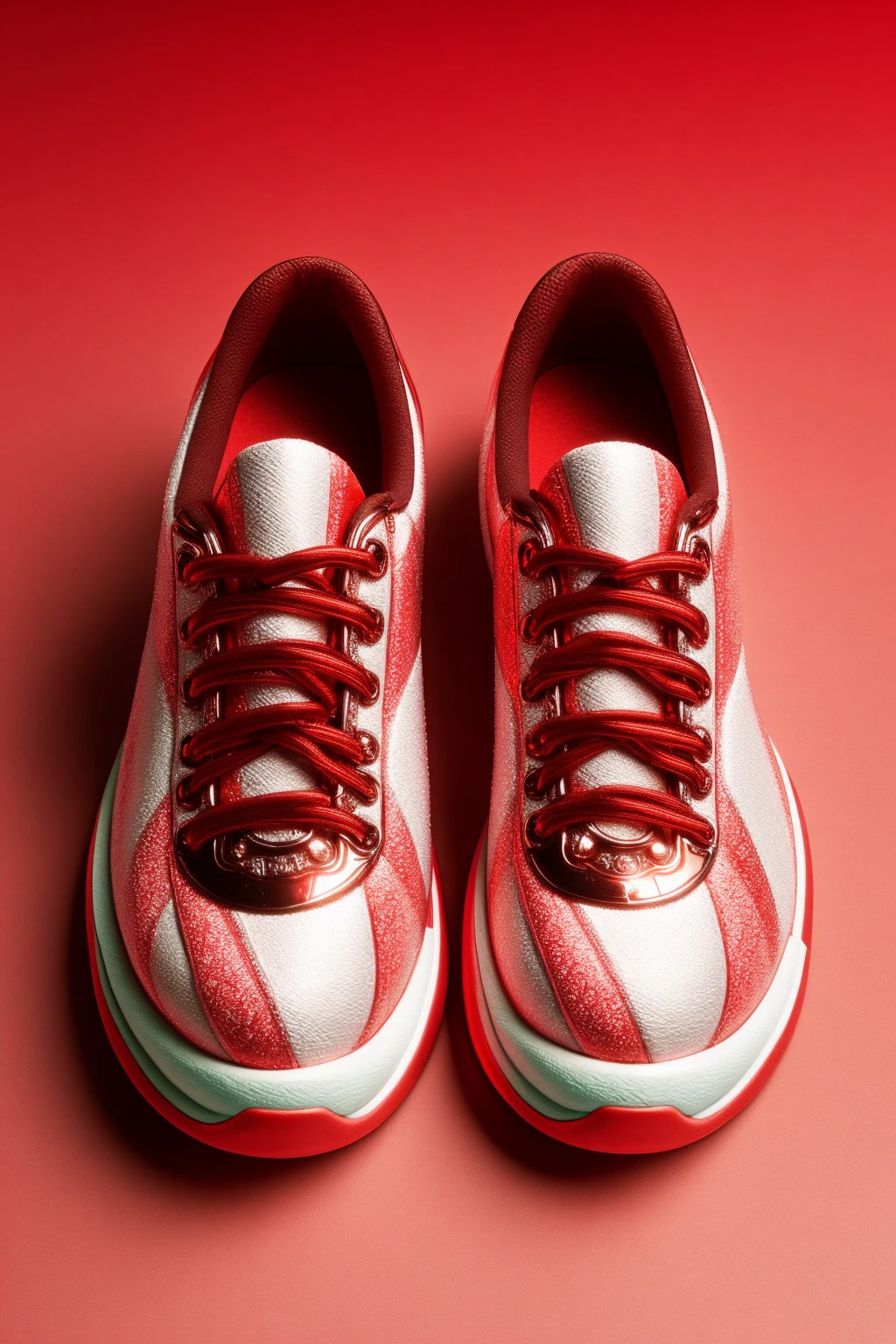 photo of a pair of sneakers made from EPCandycaneStyle, lazy susan, 24mm, (cinematic presentation, film grain:1.2), (pattern, gradient:1.2), detailed eyes, (seductive pose), (commercial poster), <lora:EPCandycaneStyle:1>