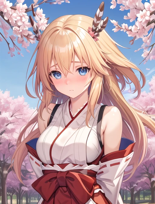 best quality, masterpiece, highres, detailed, digital artwork, <lora:Detail - add_detail:0.2>, MinervaVG, blue eyes, blonde hair, nontraditional miko, arms behind back, park, sakura <lora:Character - MinervaVG:0.8>, upper body, blush, shy,