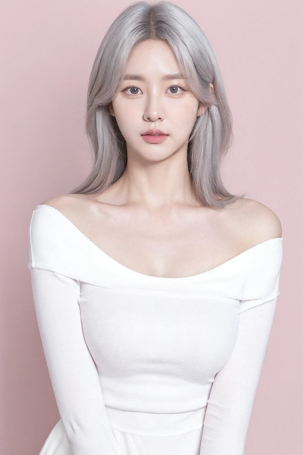 ((office clothes )), super gigantic breast , pink background, studio photo, studio, simple background, (photo realistic), (cowboy shot :1.2), (doggy style ):1.4, (8k UHD, best quality, masterpiece, ultra high resolution, photorealistic), (white hair , big eyes, sharp nose, perfect ratio cute face, perfectly beautiful, 22years old Korean beauty and sexy actresses, k-pop idol, girl), <lora:3:0.3> <lora:1:0.3> <lora:face:0.2> <lora:2:0.3> <lora:skin:0.5> <lora:studio_photography:0.3>