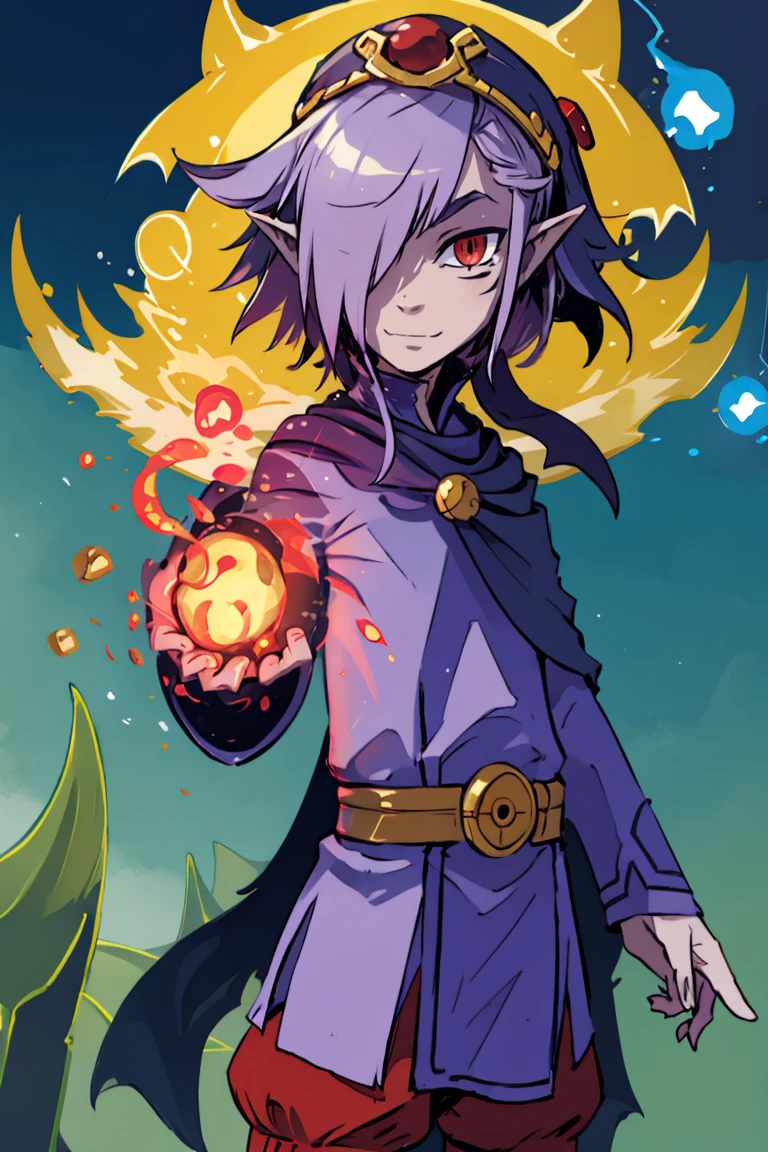 <lora:Harada_Takehito_v2_Repeats5:0.8>,((masterpiece,best quality)), absurdres, <lora:Vaati_Zelda:0.8>, Vaati_Zelda, 1boy, solo, hair over one eye, purple glow, magic, solo, smiling, looking at viewer, cowboy shot,