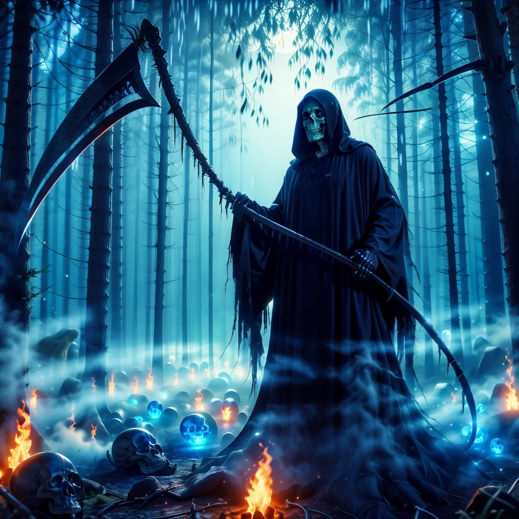 skeleton,huge sickle,the great scythe of death,blue flame,blue fireball,death,<lora:10æ»ç¥:1>,