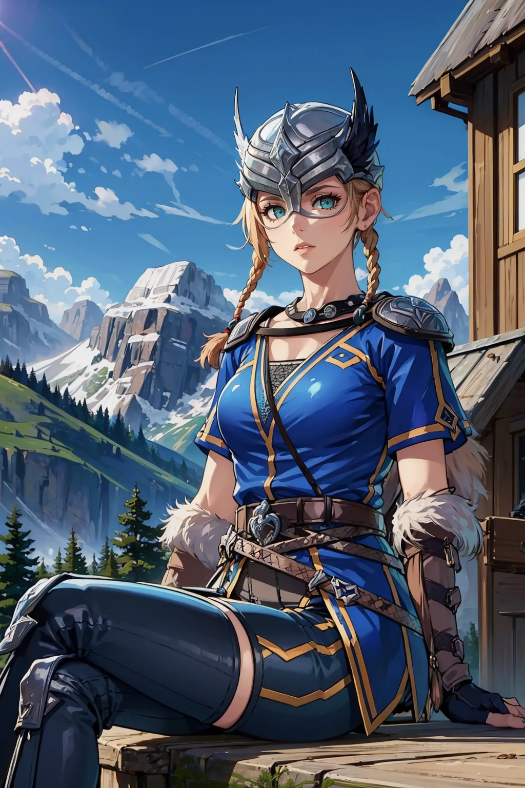 masterpiece, best quality,  <lora:yskarja-nvwls-v1-000009:0.9> ysKarja, green eyes, twin braids, helmet, feathers, necklace, shoulder armor, blue tunic, belt, black shorts, armored legwear, fingerless gloves, large breasts, covered eyes, sitting, alpine forest, blue sky, boulders, mountains