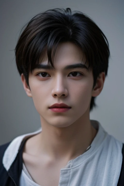 (masterpiece:1.21),(bestquality:1.21),8k,high detailed,ultra-detailed,photography,award winning,documentary,Original Photo,Realisticity,solo,Studio lighting,High resolution scan,physically-based rendering,Cinematic Lighting,award winning work,depth of field,(low saturation:1.3),(1boy;1.4:1.1),a male,male focus,silm,Asian,handsome face,Well-Proportioned Hands,Real Skin Texture,White Marble Glowing Skin,model,thick eyebrows,(random_color_ Fashion_clothing:1.45),(random colo background:1.1),close-up view,(random stylish pose action:1.1),(portrait:1.22),Cool 90s Hairstyles For Men,Happy Halloween