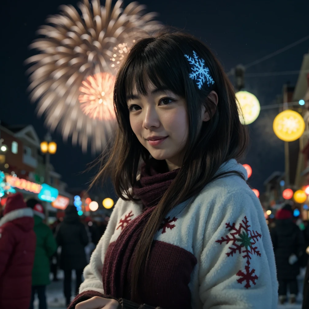 Winter festival in a coastal town, fireworks and dragon parades, in a festive anime style.