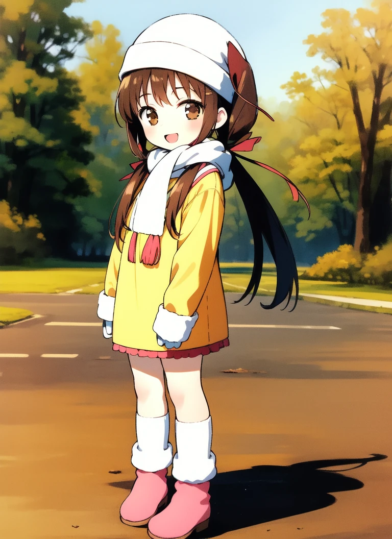 ((((masterpiece)))), high quality, very_high_resolution, large_filesize, full color
<lora:HayamiAyumi:1> HayamiAyumi, 1girl, solo, scarf, hat, brown hair, twintails, full body, long hair, long sleeves, pink footwear, gloves, dress, smile, ribbon, socks, open mouth, hair ribbon, looking at viewer, brown eyes, standing, :d, yellow dress, outline, leg warmers, mittens, skirt, shoes, beanie, cowboy Shot, town,