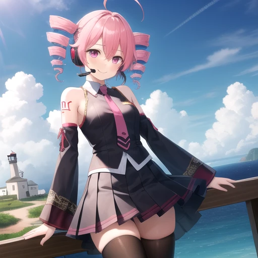 ((masterpiece)),(best quality),official art,extremely detailed CG,unity 8k wallpaper,ultra detailed,A lighthouse on a cliff by the sea,1girl,solo,cowboy shot,vocaloid,kasane teto,blush,fringe,short hair,collared shirt,detached sleeves,pink necktie,smile,hair between eyes,twintails,bare shoulders,pink hair,ahoge,pleated skirt,pink eyes,tattoo,drill hair,black thighhighs,miniskirt,headset,looking at viewer,<lora:Kasane Teto(vocal)>,