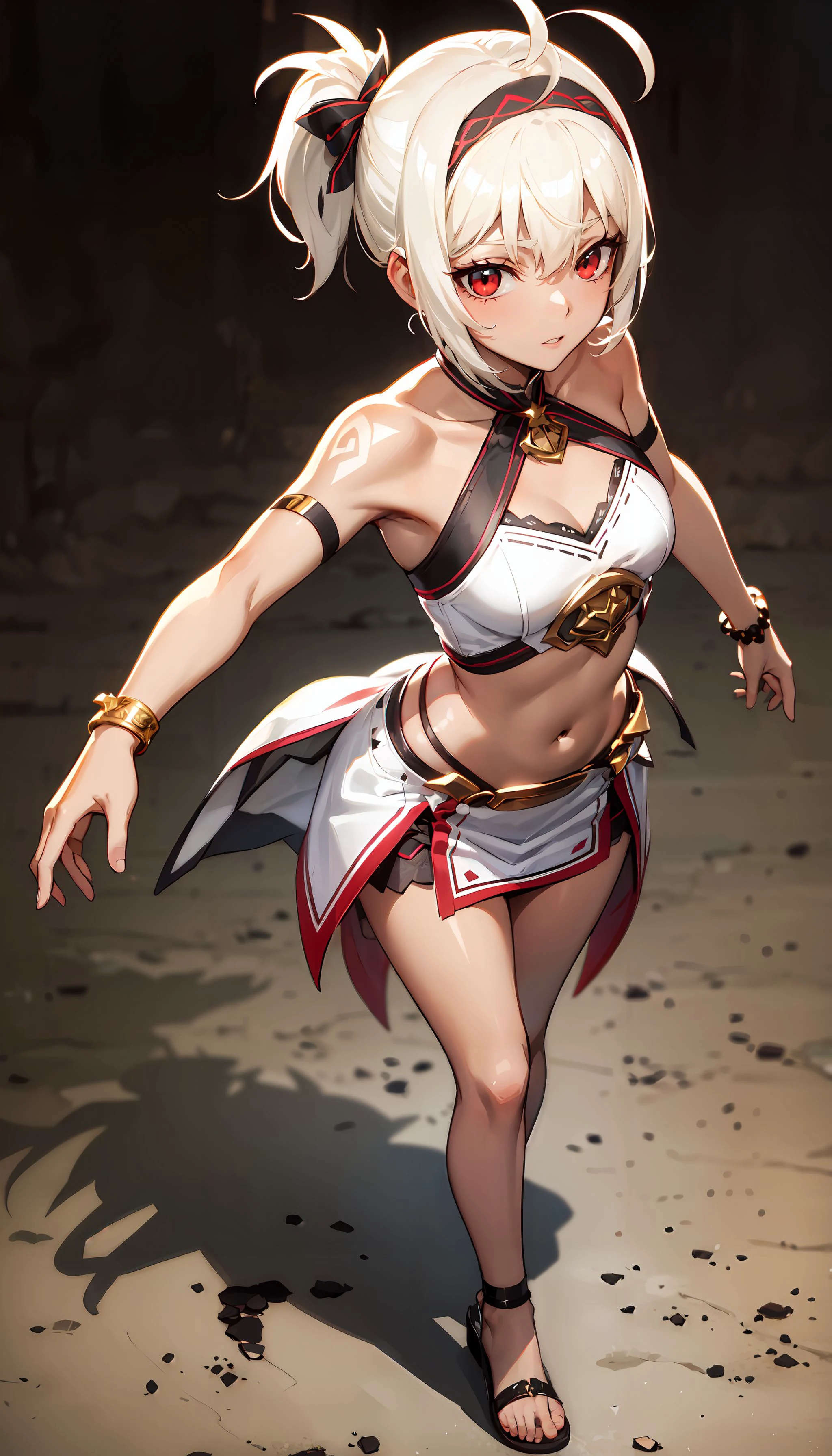 photorealistic, (4k), depth of field, (Masterpiece), (realistic skin texture), extremely detailed, intricate, hyper detailed, high resolution, professional photography, bokeh, depth of field, sharp detail, best quality, woman, , dark skin, white tattoo, white dress, gold trim, halterneck, navel, bare shoulders, short white hair, side ponytail, red eyes, ahoge, headdress, bracelet, armlet, sandals, beckoning , <lora:Myne-000003:0.7>