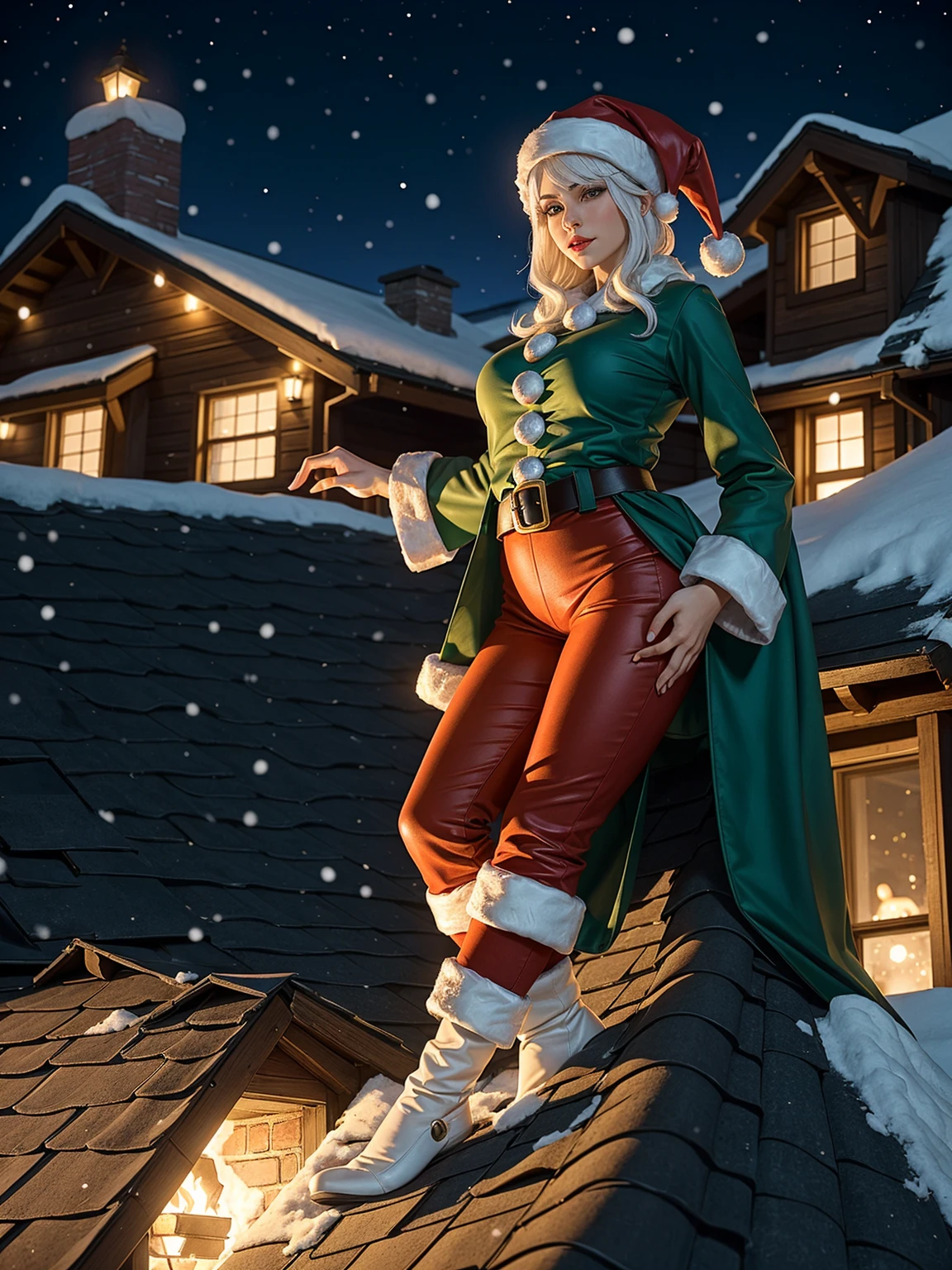 highly detailed, extremely detailed, photograph,female santa, white hair, wearing a green santa suit, climbing out of a chimney, clear night, on a roof, christmas lights, snow, beautiful face,
