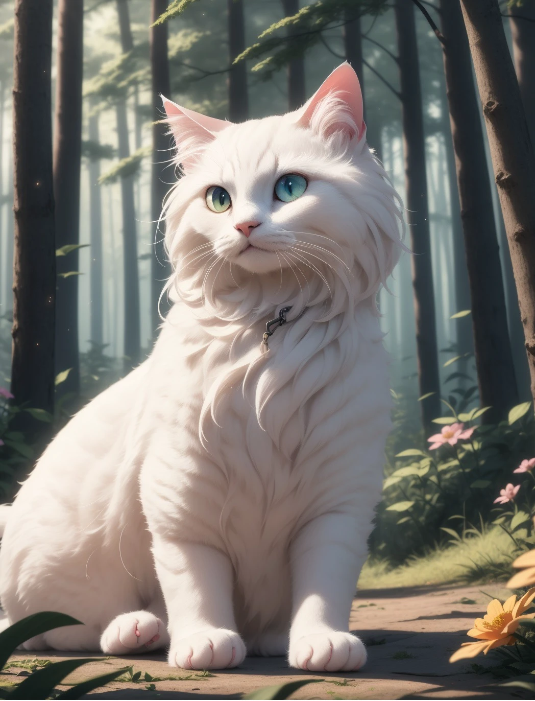 (best quality, detailed, masterpiece:1.15),white fluffy cat, forest background, flowers, magical, particles, messy floaty fur,