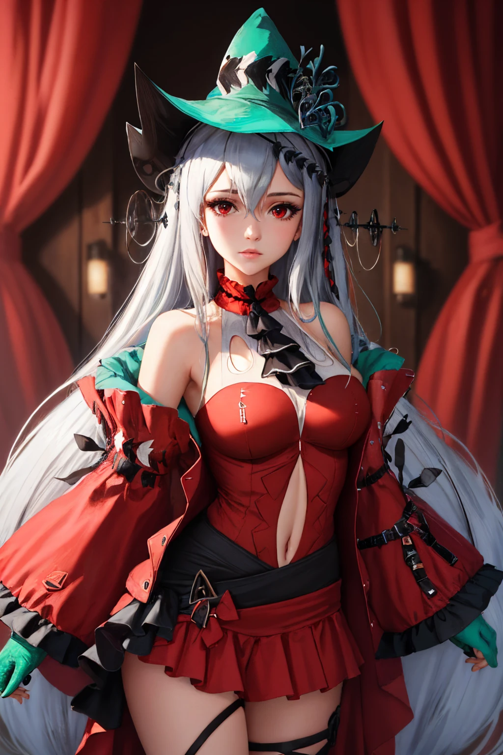 (masterpiece, best quality:1.2), solo, 1girl, skadicorrupt, expressionless, looking at viewer, aqua headwear, red dress, navel cutout, black ascot, long sleeves, detached sleeves, aqua gloves, leg ribbon, bare shoulders <lora:arknights_skadicorrupt:1>