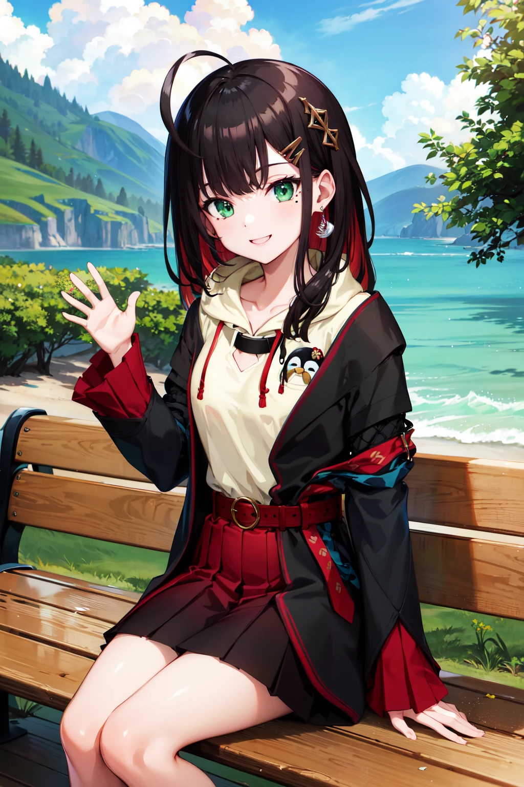 masterpiece, best quality, highres, aayui, medium hair, multicolored hair, hair ornament, ahoge, green eyes, mole under eye, earrings, collared shirt, hoodie, penguin, hood, black jacket, open clothes, long sleeves, belt, red skirt, pleated skirt, <lora:hizuki_yui_v1:0.7>, waving, outdoors, smile, sitting, bench