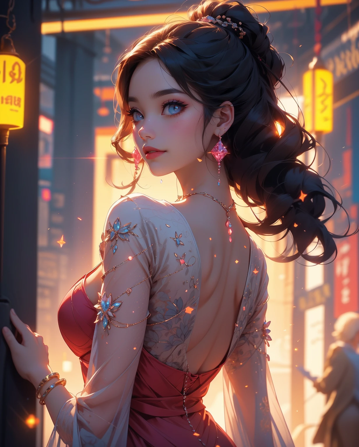 8K,  Masterpiece,  RAW photo,  Best quality,  detail:1.2), Photorealistic,  Extremely detailed Cg Unity 8K wallpaper,  Depth of field,  Cinematic light,  Lens flare,  Ray tracing,  (Extremely beautiful face,  Beautiful lips,  Beautiful eyes),  intricate detail face,  ((ultra detailed skin)) 1girll,  In the dark,  deepshadow,  Pretty Korean girl,  Kpop idol, (Very slim and slender muscular body:1.3),  ((view the viewer)), (Big smile),  (bodycon minidress), (Pink dress),  (Injection sleeve),  (City Night,  (neon lights sign),  (Night),  Pretty Korean girl,  Earrings,  bangle,  necklace,  Pantyhose,  Clear eyes,  Walking,  (Pale skin),  Face forward,  (Big eyes),  ((upperbody shots)),  tightly dress,  Silk dress,  Turn Back,  Back shot,  Very slim,  slander, gl4ss, made of gl4ss