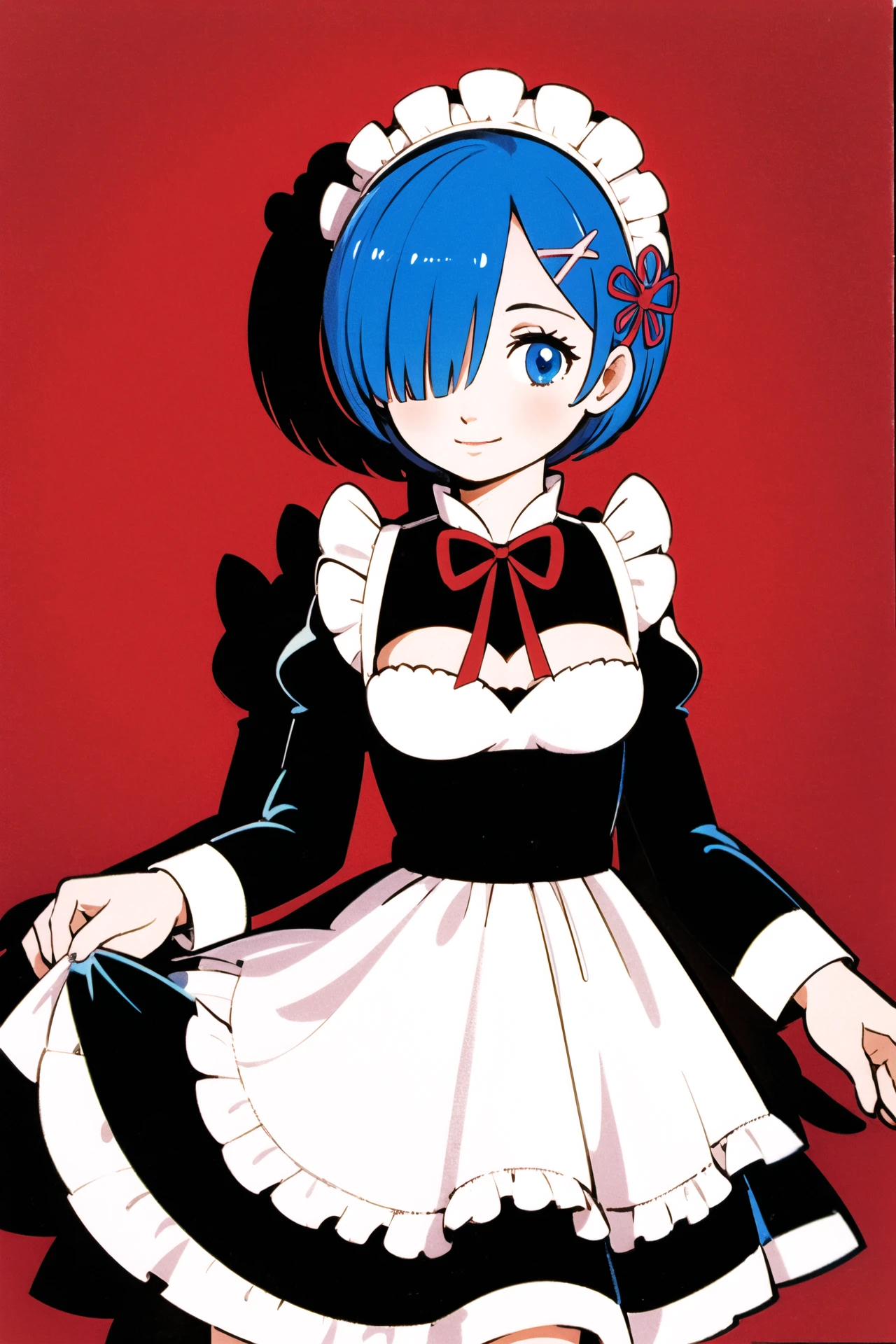 rem (re:zero), 1girl, solo, roswaal mansion maid uniform, twins, siblings, short hair, blue hair, blue eyes, maid, ribbon, hair ornament, hair over one eye, smile, looking at viewer, x hair ornament, hair ribbon, black ribbon,maid headdress, white apron, bangs, breasts, small breasts, long sleeves, dress, wide sleeves, standing, shiny, <lora:Tezuka Osamu:0.8>