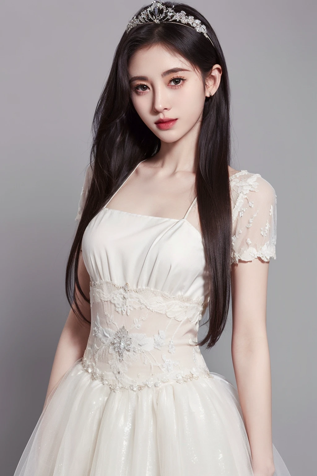 masterpiece,best quality,1girl,upper body,looking at viewer, standing,
white dress, strap dress, princess tutu, short sleeves,
long hair,narrow waist, hair ornament, round neck,
grey background,
<lora:jingyi:0.5>