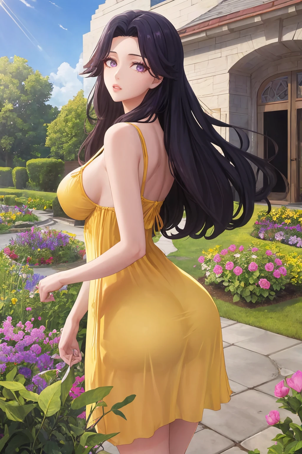 masterpiece, best quality, 1girl, solo, <lora:reikoyoshinaga-sl-richy-v1:1> reiko, purple eyes, (yellow sundress:1.2), looking back, from behind, ass, garden, purple flowers, sunbeam, sunlight, sunny, blue sky, beautiful, vista, serene, spectacular, amazing, awesome, large breasts, parted lips, mature female,
