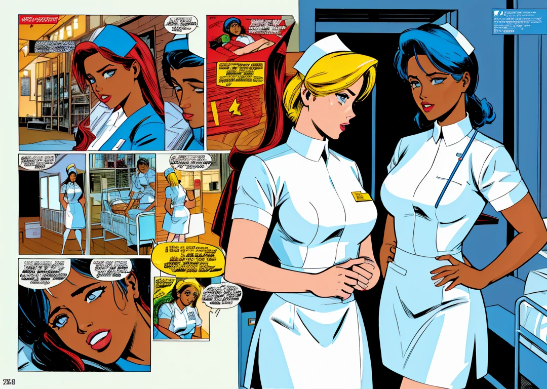 nursecomics, comic book page, multi-panel layout, nurses treating patients, diverse characters, action, Dudley Moore, romance, hospital, <lora:nursecomics:1>
