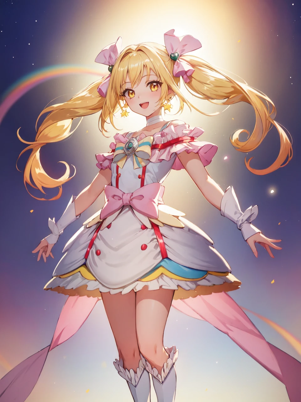 masterpiece, best quality, looking at viewer, depth of field, standing, full body, open mouth,
1girl, <lora:locon_cure_echo_01:0.95>, cure echo, blonde hair, twintails, hair ribbon, knee boots, earrings, arm warmers, brooch, choker, yellow eyes,
smile, ((gradient background)), lens flare,