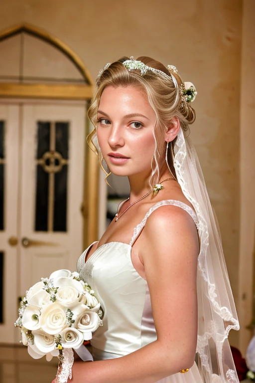 k4th3rineh3ig1, full body, blonde hair, brown eyes, Jewelry, earring, indoor, chapel, wedding gown, bouquet, hair bun, upper body, <lora:Katherine_Heigl_PMv1_Lora:1.3>,, ((Wedding Photography))