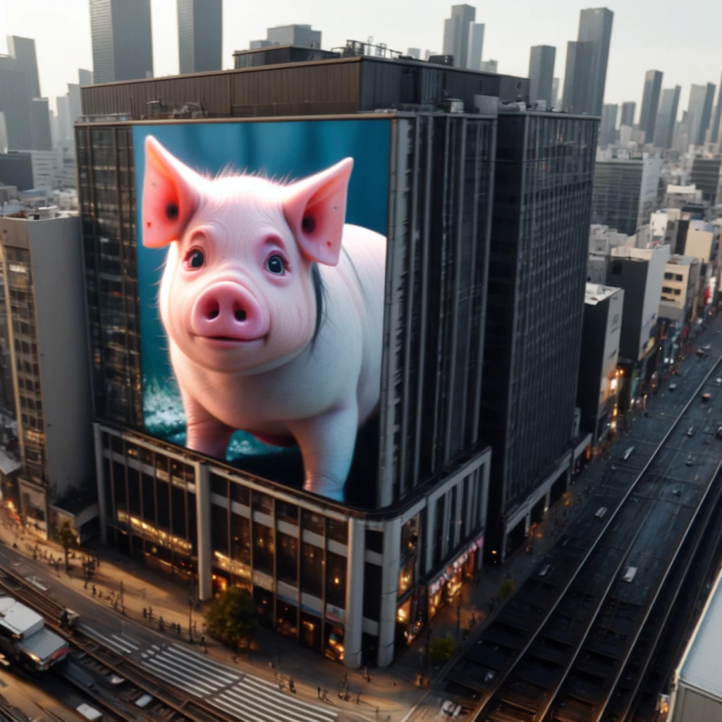 cityscape, signage, photorealistic, railroad tracks, real world location, <lora:3Dsignage_v1:0.7>, pig