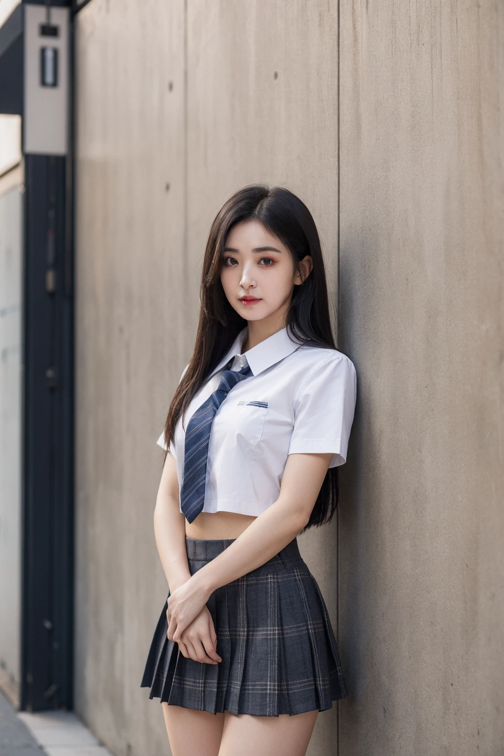 masterpiece,best quality,1girl,upper body,looking at viewer, standing,
school uniform, plaid skirt, short sleeves, tie, miniskirt,
black hair, long hair, small breasts,eyeliner,
ginza,against wall