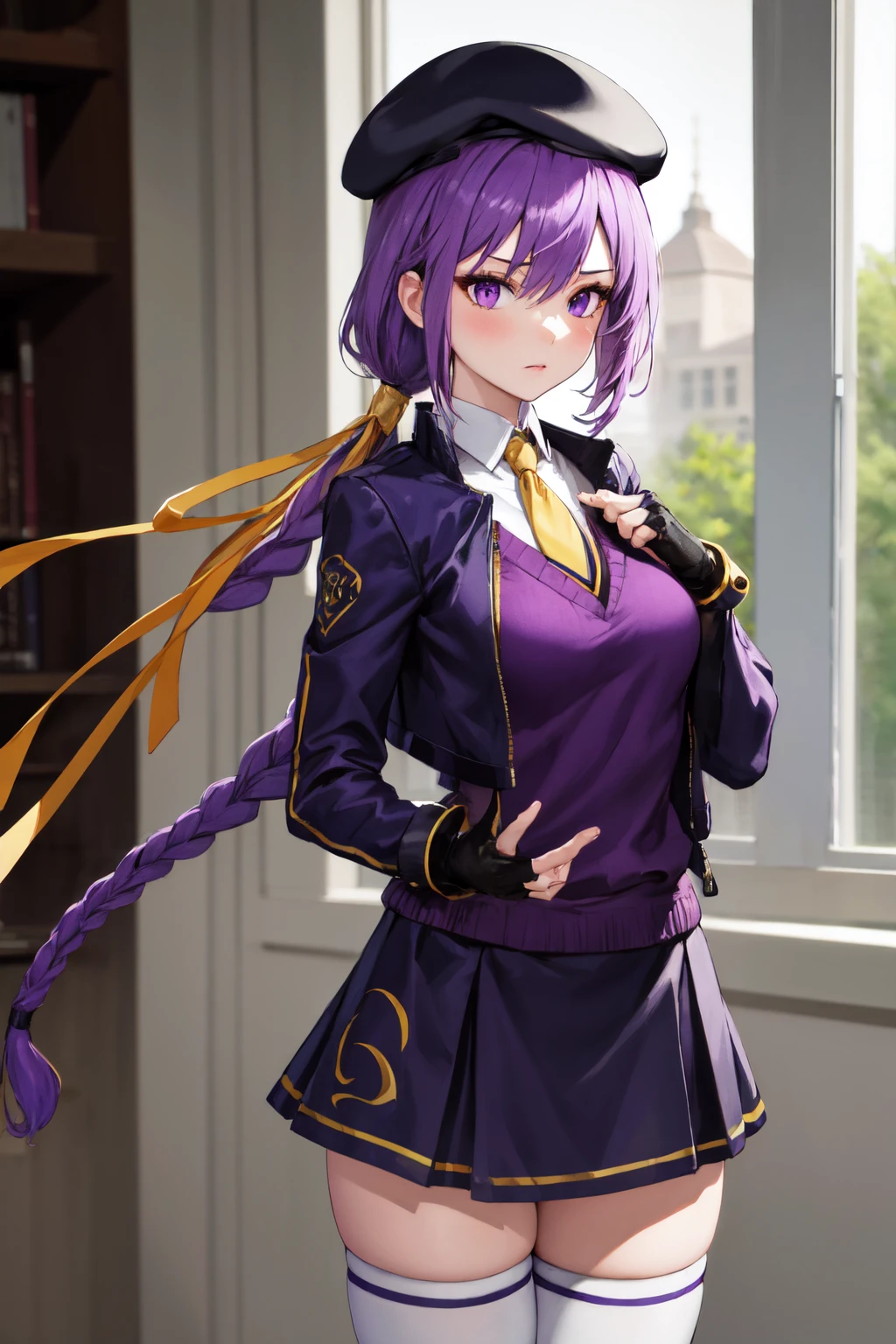 masterpiece, (detailed, highres, best quality), 1girl, <lora:spunibEltnum-09:1> eltnumdef, beret, hair ribbon, cropped jacket, purple jacket, purple sweater, v-neck, necktie, skirt, fingerless gloves, white thighhighs