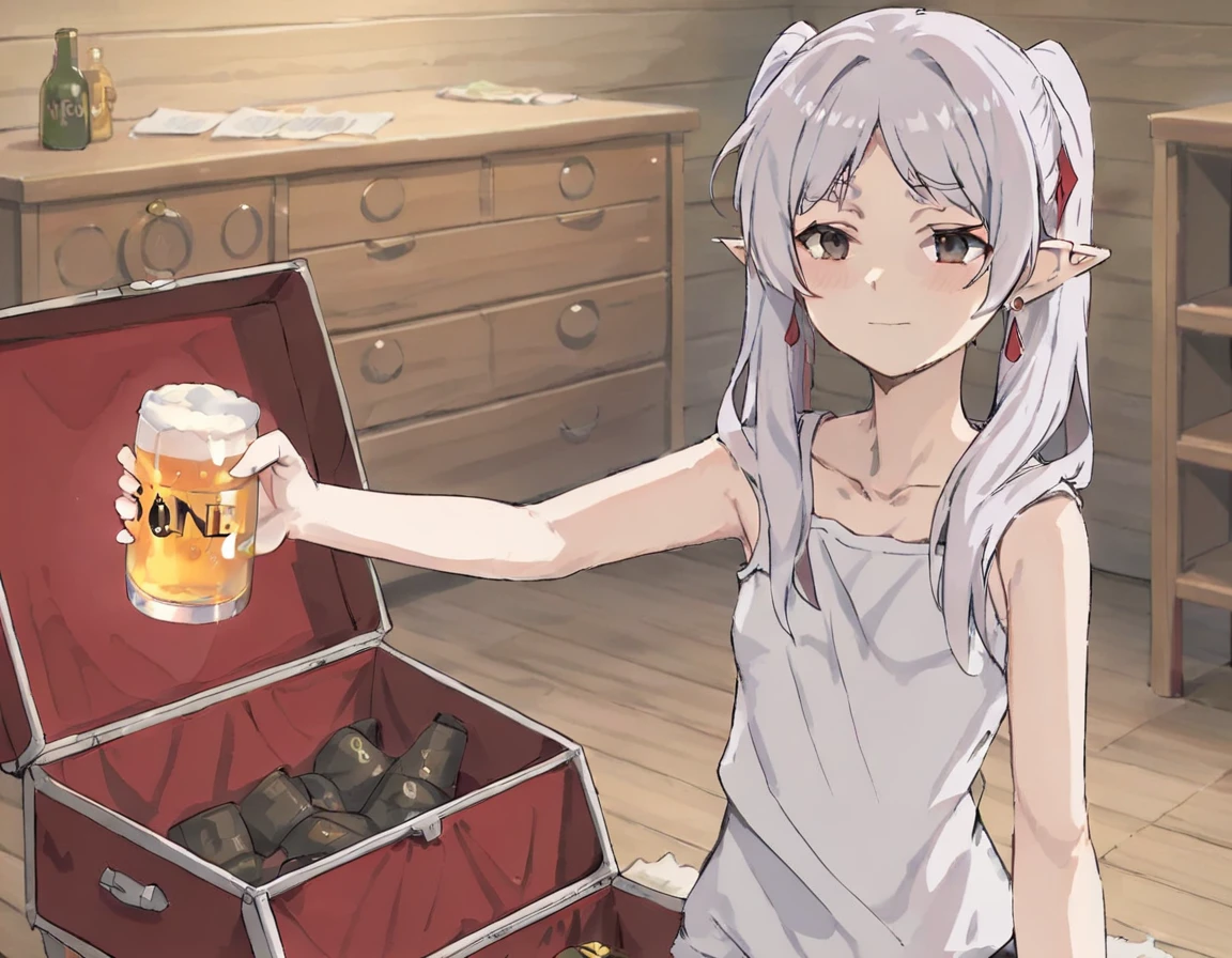 masterpiece,solo,anime-style,a misato holding a beer in her one hand,<lora:frieren_meme-000014:0.85>,room, treasure chest <lora:misatoSDXL:1>
