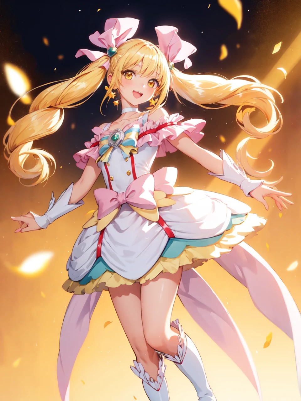 masterpiece, best quality, looking at viewer, depth of field, standing, full body, open mouth,
1girl, <lora:locon_cure_echo_01:0.95>, cure echo, blonde hair, twintails, hair ribbon, knee boots, earrings, arm warmers, brooch, choker, yellow eyes,
smile, ((gradient background)), lens flare,